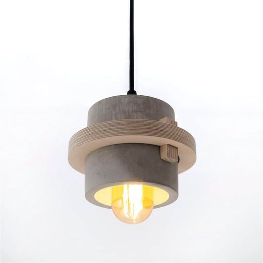 Raw Concrete Cylinder Pendant Lamp with Wooden Detail, Modern Pendant Lamp