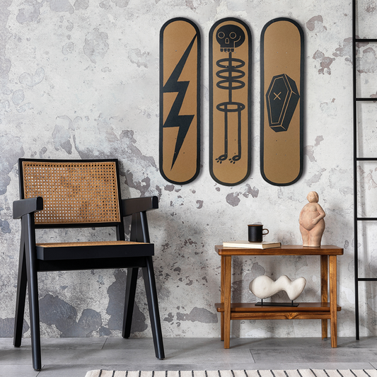 Skateboard Wall Art Set, "Deathical" Hand-Painted Wall Decor Set of 3