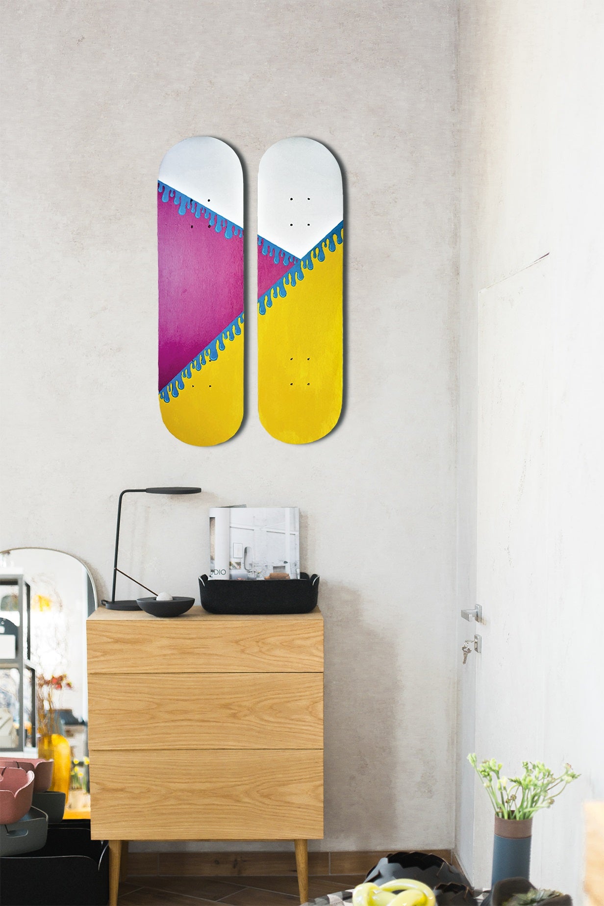 Skateboard Wall Art Set, "Leak" Hand-Painted Wall Decor Set of 2