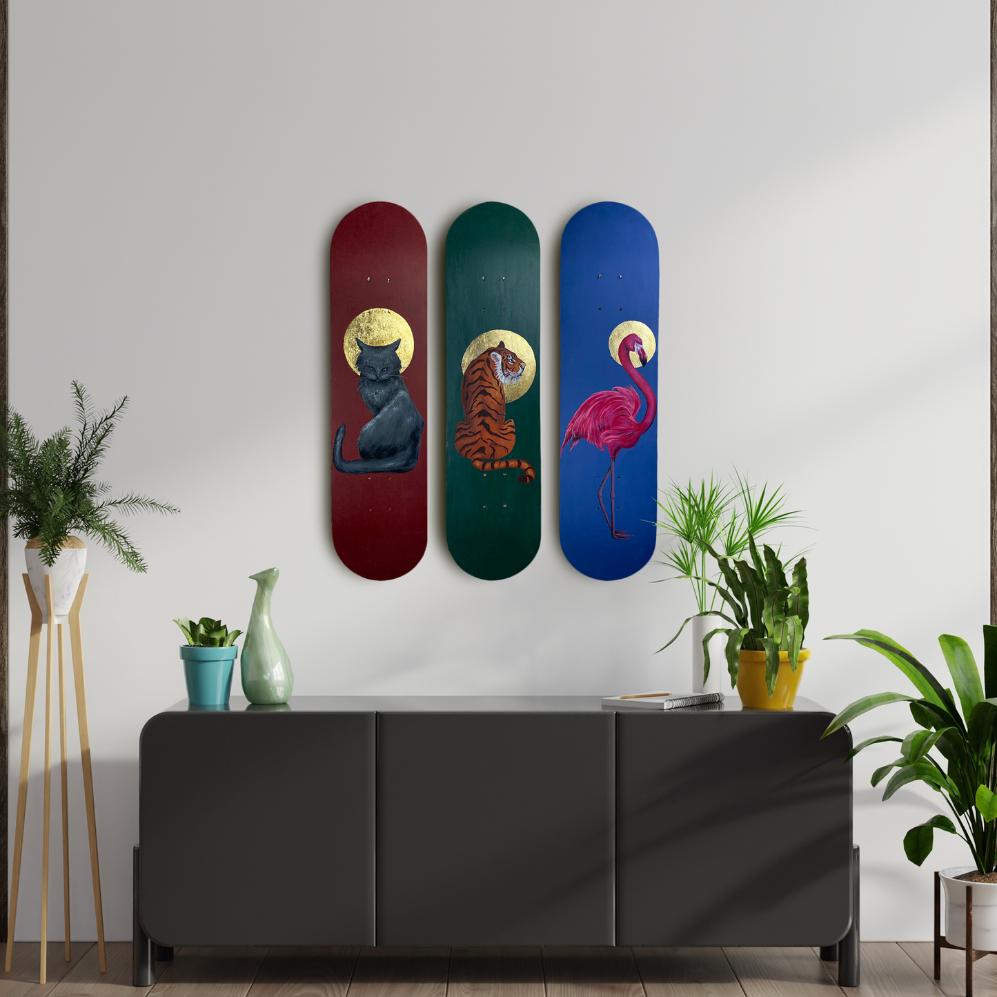 Skateboard Wall Art Set, "Holy Animals" Hand-Painted Wall Decor Set of 3