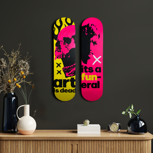 Skateboard Wall Art Set, "Funeral" Hand-Painted Wall Decor Set of 2