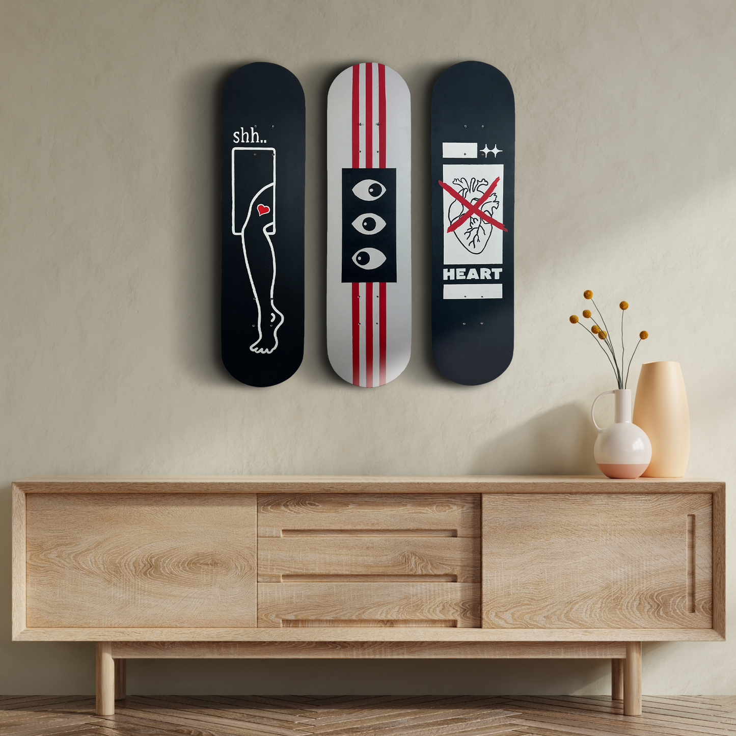 Skateboard Wall Art Set, "Brutal Love" Hand-Painted Wall Decor Set of 3