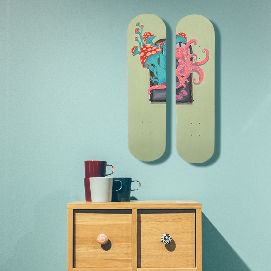 Skateboard Wall Art Set, "Mashtacle" Hand-Painted Wall Decor Set of 2