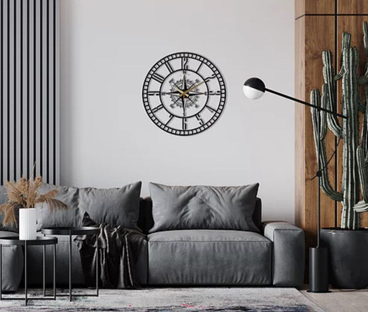 Black Compass Metal Wall Clock, Modern Metal Wall Decor