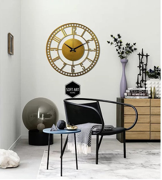 37.4 x 17.7 3D Modern Metal Wall Clock Home Wall Decor in Black & Gold  For Living Room
